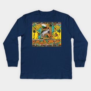 WEIRD MEDIEVAL BESTIARY MAKING MUSIC, Cat Playing Organ,Harpist Rabbit,Snail Cat in Yellow Blue Kids Long Sleeve T-Shirt